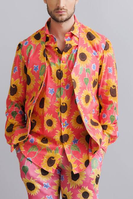 Nautanky_Peach Shirt 100% Fine Cotton, Shorts Neoprene, Waistcoat 100% Print And Set _at_Aza_Fashions