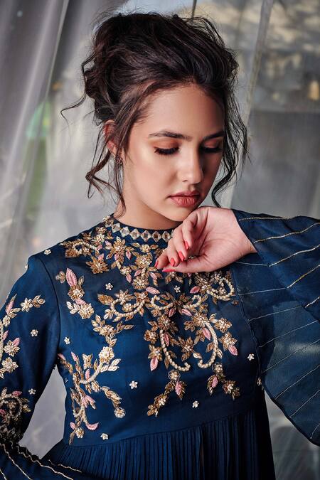 Buy_Suruchi Parakh_Blue Satin Silk Lining Shantoon Cutdana, Mirror And Tunic & Draped Skirt Set_Online_at_Aza_Fashions