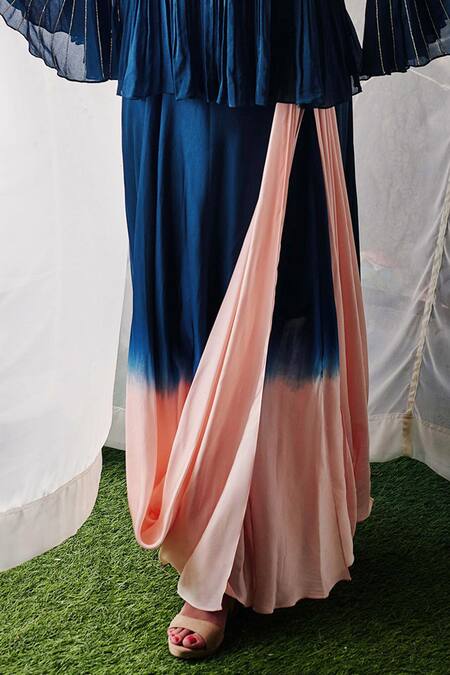 Shop_Suruchi Parakh_Blue Satin Silk Lining Shantoon Cutdana, Mirror And Tunic & Draped Skirt Set_Online_at_Aza_Fashions