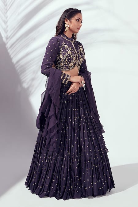 Suruchi Parakh_Purple Georgette Crepe, Soft Organza Floral Motif Embroidered Tiered Lehenga Set _Online_at_Aza_Fashions