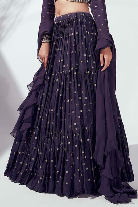 Suruchi Parakh_Purple Georgette Crepe, Soft Organza Floral Motif Embroidered Tiered Lehenga Set _at_Aza_Fashions