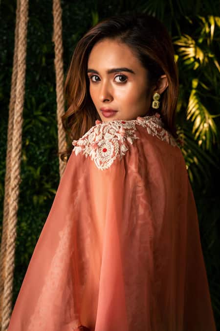 Pallavi Poddar_Pink Crepe, Organza, Muslin Pearls, Udaipur Ombre Cape And Draped Pant Set _Online_at_Aza_Fashions
