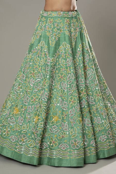 I Am Design_Green Raw , Organza Floral Apple Candy Embroidered Bridal Lehenga Set _at_Aza_Fashions