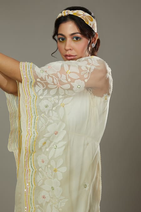 Shop I Am Design Ivory Silk Organza Floral Appliques, Sequins French Vanilla Kaftan And Pant Set Online at Aza Fashions Shop_I Am Design_Ivory Silk Organza Floral Appliques, Sequins French Vanilla Kaftan And Pant Set _Online_at_Aza_Fashions