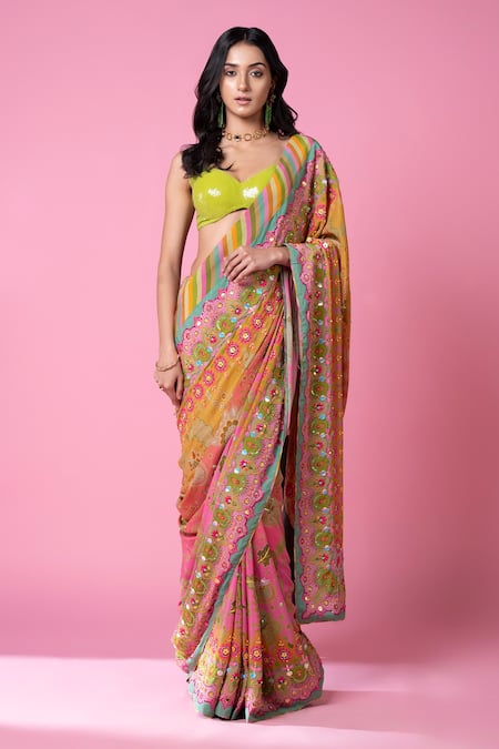 Buy_Siddhartha Bansal_Multi Color Crepe, Georgette Embroidery, Floral Print Saree With Work Blouse _Online_at_Aza_Fashions