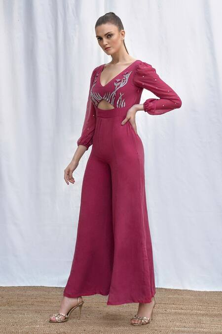 Amrta By Guneet Kondal Pink Viscose Embroidery V-neck Bodice Jumpsuit Online at Aza Fashions Amrta By Guneet Kondal_Pink Viscose Embroidery V-neck Bodice Jumpsuit_Online_at_Aza_Fashions