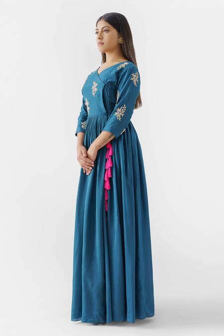 Suruchi Parakh_Blue Cotton Silk, Lining Shantoon Zardozi V Neck Angarkha_Online_at_Aza_Fashions