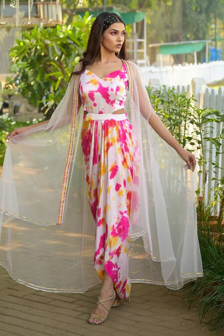 Buy_Disha Kahai_Pink Cotton Satin, Net Gota Patti, Embroidery Tie-dye Pattern Dress With Cape_Online_at_Aza_Fashions