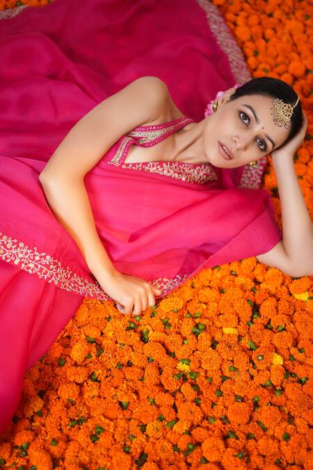 Rashi Jain_Pink Viscose Georgette, Satin Silk Organza Sequin, Gullal Saree With Blouse _Online_at_Aza_Fashions