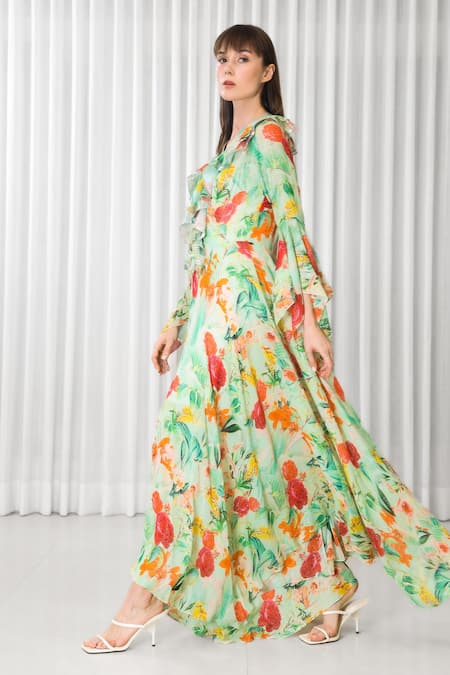 Mandira Wirk_Multi Color Georgette, Lurex Sequins V-neck Dahlia Bouquet Print High Low Dress _Online_at_Aza_Fashions