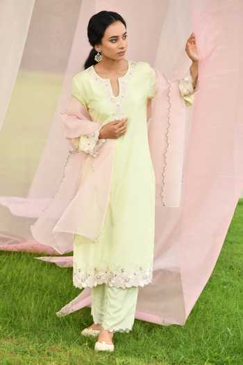 SEHER JAIPUR_Green Kurta And Pant Muslin Silk & Dupatta Organza Floral Embroidered Set _Online_at_Aza_Fashions