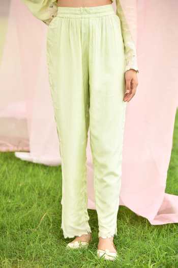 SEHER JAIPUR_Green Kurta And Pant Muslin Silk & Dupatta Organza Floral Embroidered Set _at_Aza_Fashions