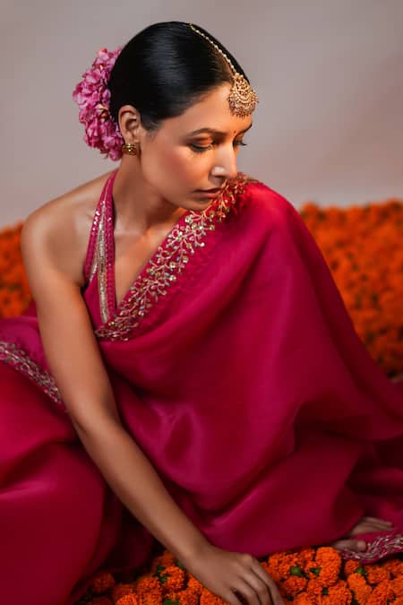 Buy_Rashi Jain_Pink Viscose Georgette, Satin Silk Organza Sequin, Gullal Saree With Blouse _Online_at_Aza_Fashions