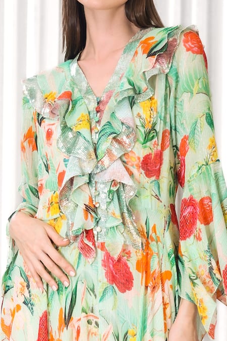 Buy_Mandira Wirk_Multi Color Georgette, Lurex Sequins V-neck Dahlia Bouquet Print High Low Dress _Online_at_Aza_Fashions