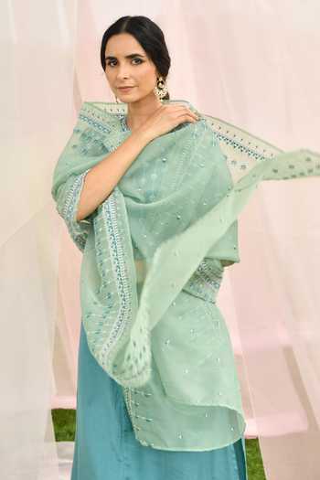 Buy_SEHER JAIPUR_Green Muslin Silk, Dupatta Organza, Lining Cotton Leaf Embroidered Kurta Set _Online_at_Aza_Fashions