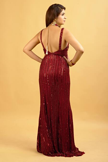 Shop_Ambrosia_Red V Neck Embroidered Gown_Online_at_Aza_Fashions