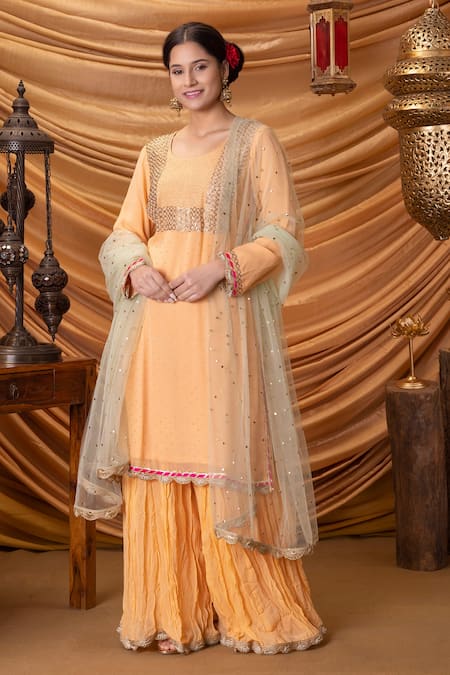 Ruh Clothing Orange Net, Georgette Mukaish Round Embroidered Sharara Set