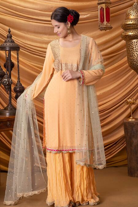 Ruh Clothing_Orange Net, Georgette Mukaish Round Embroidered Sharara Set _Online_at_Aza_Fashions