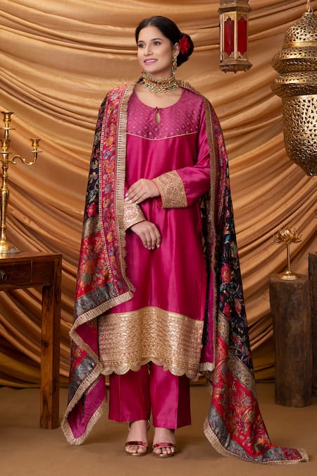 Ruh Clothing Pink Chanderi Dupatta Banarasi Handwoven Embroidered Bipasha Kurta Set 