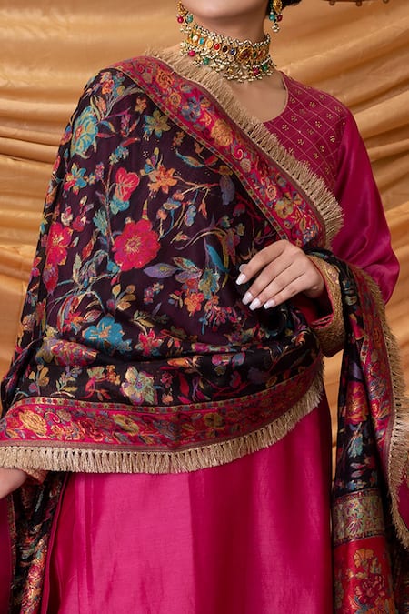 Shop_Ruh Clothing_Pink Chanderi Dupatta Banarasi Handwoven Sequins Round Bipasha Kurta Set _Online_at_Aza_Fashions