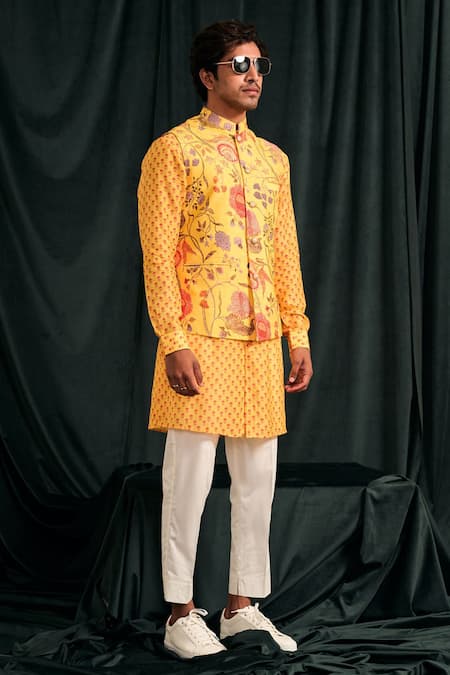 Shop_Project Bandi_Yellow Cotton Embroidery Floral Printed Bundi And Kurta Set _Online_at_Aza_Fashions