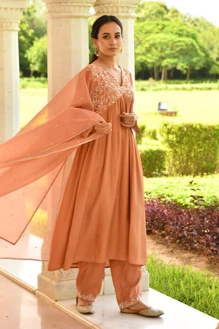 Seher Jaipur_Orange Muslin Silk, Dupatta Organza, Lining Floral Embroidered Anarkali Set _Online_at_Aza_Fashions
