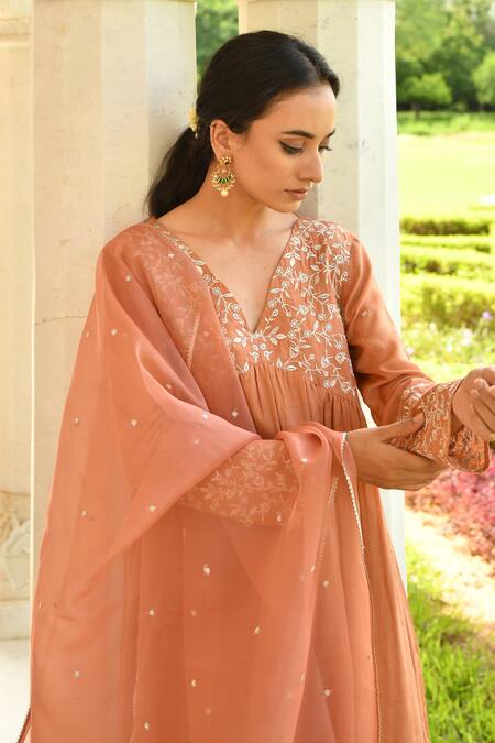 Buy_Seher Jaipur_Orange Muslin Silk, Dupatta Organza, Lining Floral Embroidered Anarkali Set _Online_at_Aza_Fashions