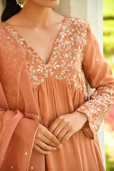 Shop_Seher Jaipur_Orange Muslin Silk, Dupatta Organza, Lining Floral Embroidered Anarkali Set _Online_at_Aza_Fashions