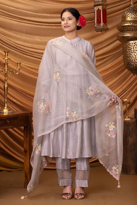 Ruh Clothing Purple Kurta Pant And Organza Barnali Chikankari Set