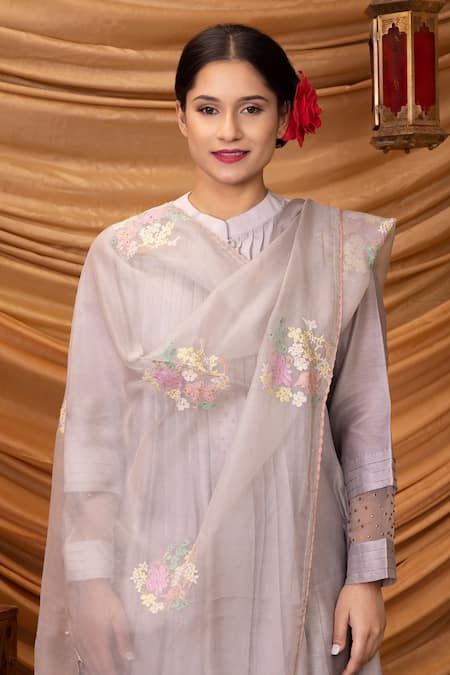 Ruh Clothing_Purple Kurta  Pant And Organza Barnali Chikankari Set _Online_at_Aza_Fashions