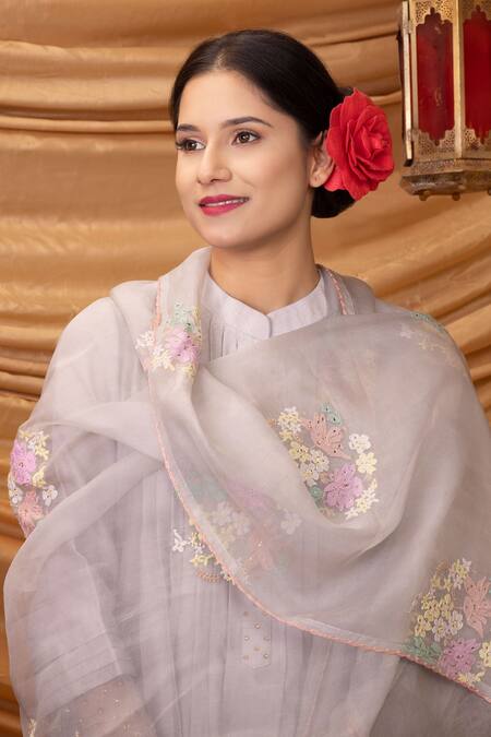 Buy_Ruh Clothing_Purple Kurta  Pant And Organza Barnali Chikankari Set _Online_at_Aza_Fashions