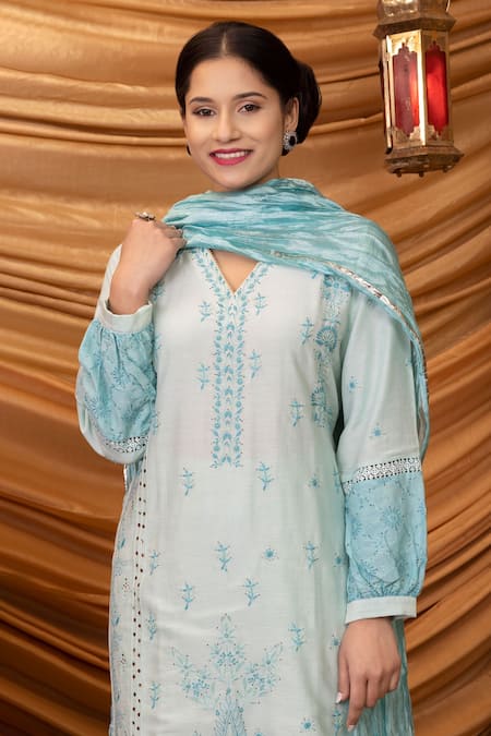 Shop_Ruh Clothing_Blue Cotton Silk, Mulmul Chikankari V Neck Beenisha Kurta Set _Online_at_Aza_Fashions