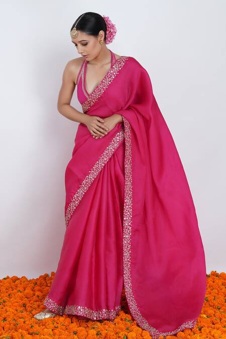 Shop_Rashi Jain_Pink Viscose Georgette, Satin Silk Organza Sequin, Gullal Saree With Blouse _Online_at_Aza_Fashions