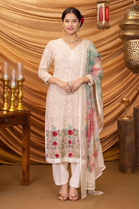 Ruh Clothing Ivory Chanderi, Mulmul Chikankari V Neck Ishanya Gulab Kurta Set