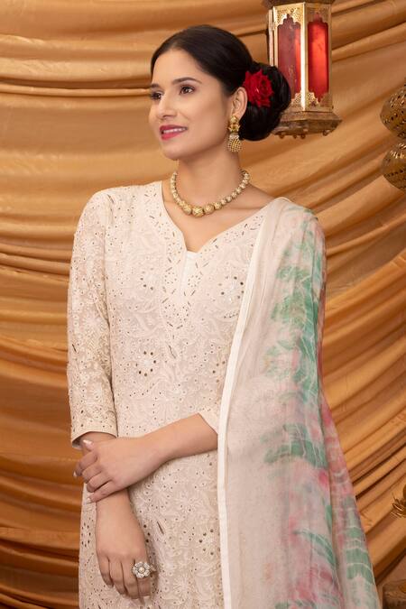 Buy_Ruh Clothing_Ivory Chanderi, Mulmul Chikankari V Neck Ishanya Gulab Kurta Set_Online_at_Aza_Fashions