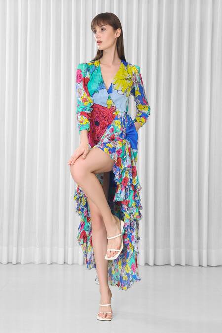 Mandira Wirk_Green Chiffon Ruffles V-neck Hibiscus Placement Print Dress _Online_at_Aza_Fashions