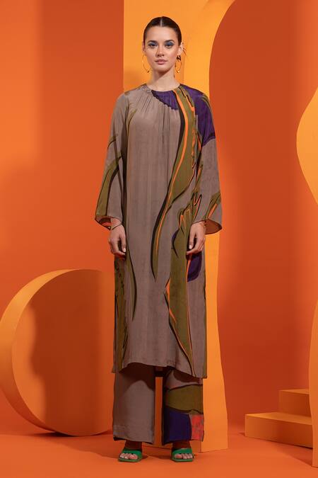 Buy Nautanky Purple Crepe Round Neck Bell Sleeve Kurta And Pant Set Online at Aza Fashions Buy_Nautanky_Purple Crepe Round Neck Bell Sleeve Kurta And Pant Set _Online_at_Aza_Fashions