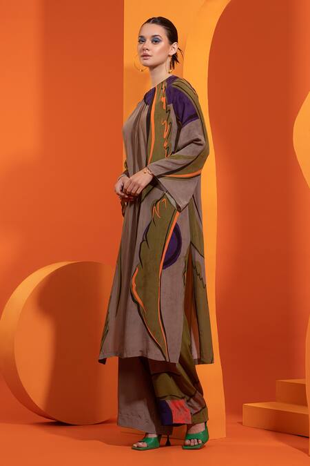 Shop Nautanky Purple Crepe Round Neck Bell Sleeve Kurta And Pant Set Online at Aza Fashions Shop_Nautanky_Purple Crepe Round Neck Bell Sleeve Kurta And Pant Set _Online_at_Aza_Fashions