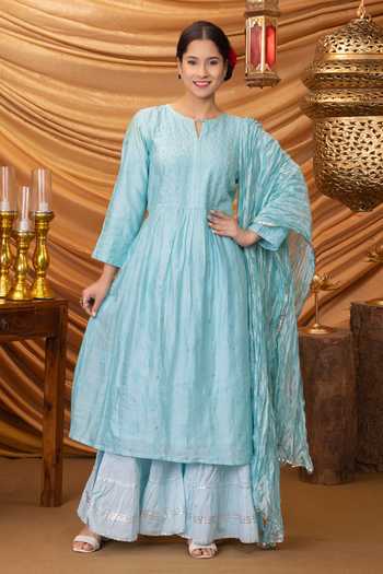 Buy Ruh Clothing Blue Kurta Chanderi Sharara Dupatta Silk Fazalya Set at Aza Fashions Buy_Ruh Clothing_Blue Kurta Chanderi Sharara Dupatta Silk Fazalya Set_at_Aza_Fashions