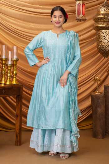 Ruh Clothing Blue Kurta Chanderi Sharara Dupatta Silk Fazalya Set Online at Aza Fashions Ruh Clothing_Blue Kurta Chanderi Sharara Dupatta Silk Fazalya Set_Online_at_Aza_Fashions