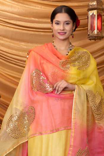 Ruh Clothing_Yellow Chanderi, Dupatta Kota Round Yamani Kurta Set_Online_at_Aza_Fashions