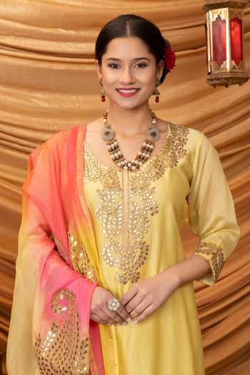 Buy_Ruh Clothing_Yellow Chanderi, Dupatta Kota Round Yamani Kurta Set_Online_at_Aza_Fashions