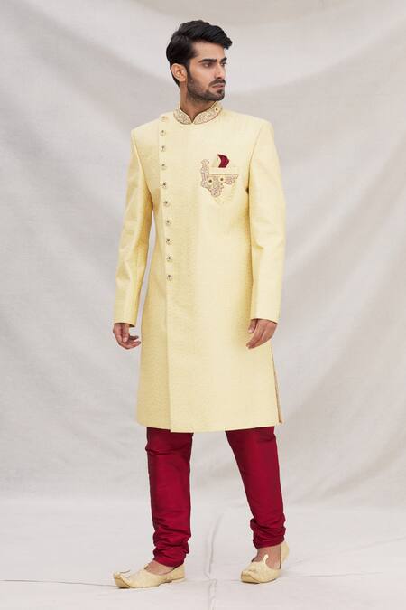Buy_Arihant Rai Sinha_Gold Banarasi Silk Sherwani Set _Online_at_Aza_Fashions