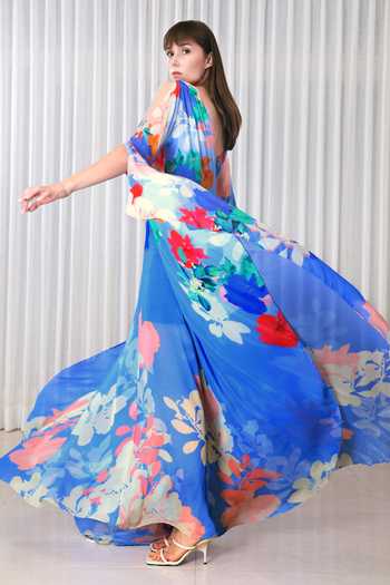 Mandira Wirk Blue Chiffon Embroidery V-neck Hibiscus Print Kaftan Online at Aza Fashions Mandira Wirk_Blue Chiffon Embroidery V-neck Hibiscus Print Kaftan _Online_at_Aza_Fashions