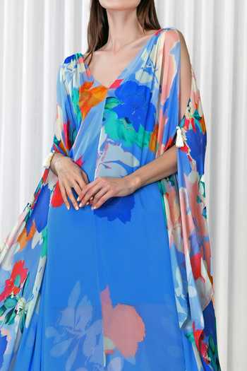 Buy Mandira Wirk Blue Chiffon Embroidery V-neck Hibiscus Print Kaftan Online at Aza Fashions Buy_Mandira Wirk_Blue Chiffon Embroidery V-neck Hibiscus Print Kaftan _Online_at_Aza_Fashions