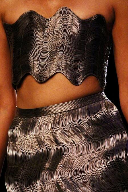 Rimzim Dadu_Silver Metallic Bandeau Crop Top And Skirt Set_Online_at_Aza_Fashions