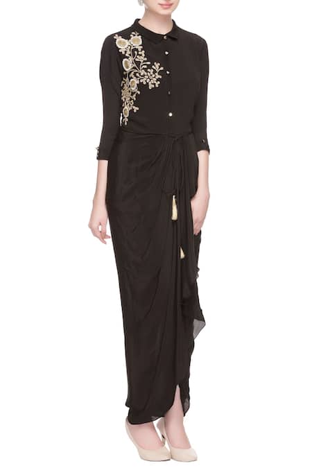 Soup by Sougat Paul Black Chiffon Silk Chinese Collar Embroidered Dress For Women