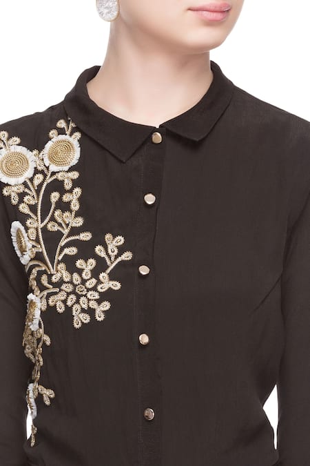 Buy_Soup By Sougat Paul_Black Chiffon Silk Chinese Collar Embroidered Dress _Online_at_Aza_Fashions