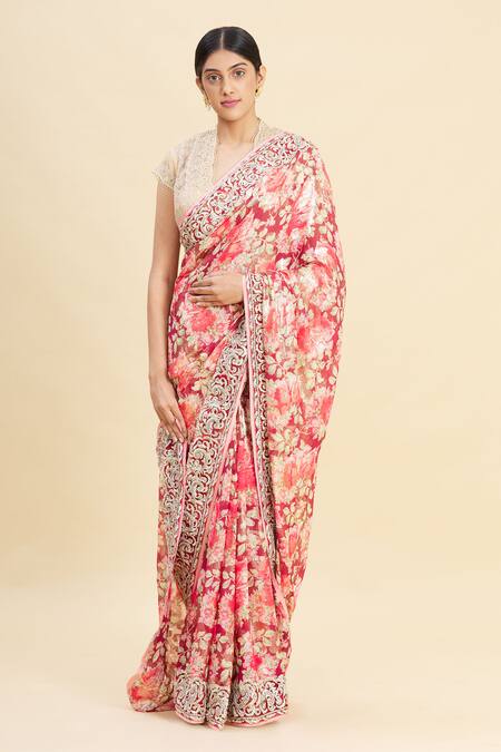 Pallavi Jaikishan_Maroon Chiffon Lurex Embroidered Saree_Online_at_Aza_Fashions