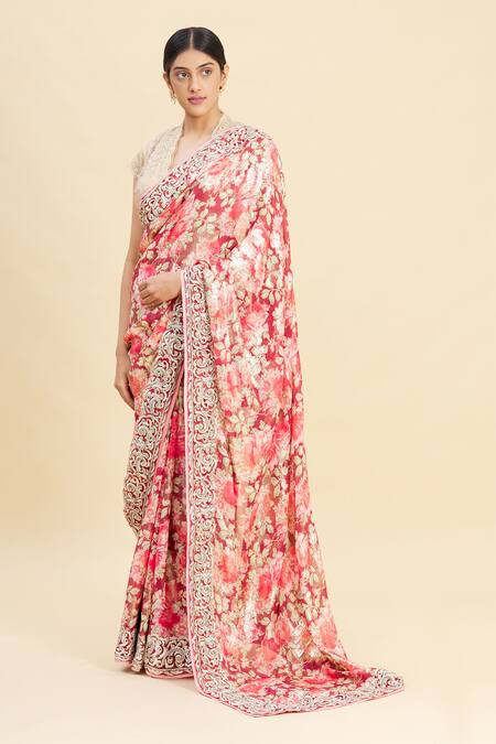 Buy_Pallavi Jaikishan_Maroon Chiffon Lurex Embroidered Saree_Online_at_Aza_Fashions